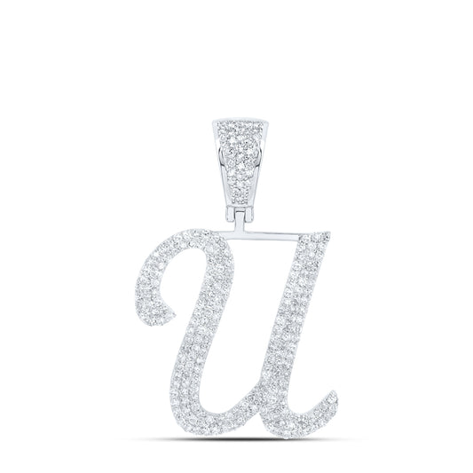 1.03 Ctw Natural Diamond Script Initial Letter Alphabet U Pendant in 10k White Gold