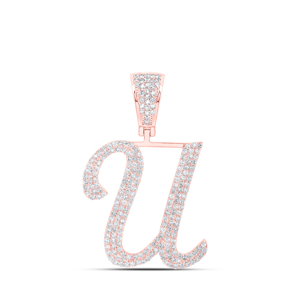 1.03 Ctw Natural Diamond Script Initial Letter Alphabet U Pendant in 10k Rose Gold