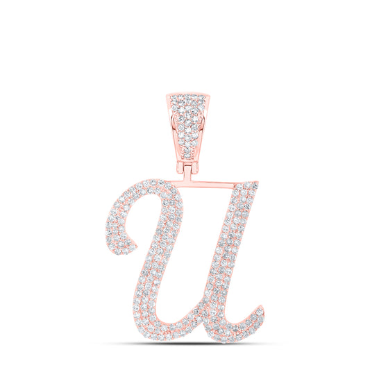 1.03 Ctw Natural Diamond Script Initial Letter Alphabet U Pendant in 10k Rose Gold