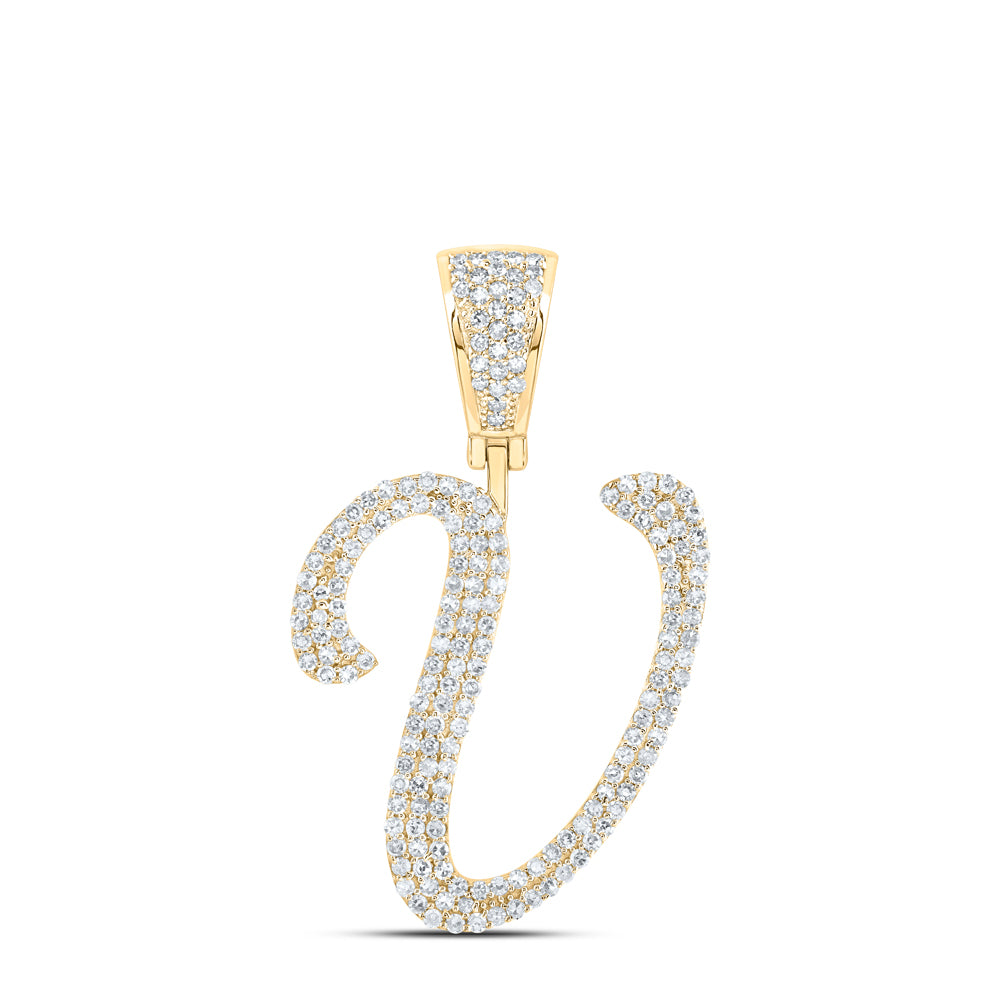 0.86 Ctw Natural Diamond Script Initial Letter Alphabet V Pendant in 10k Yellow Gold