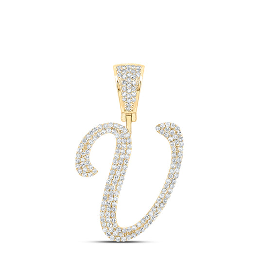 0.86 Ctw Natural Diamond Script Initial Letter Alphabet V Pendant in 10k Yellow Gold