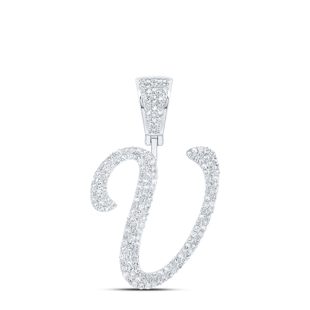 0.86 Ctw Natural Diamond Script Initial Letter Alphabet V Pendant in 10k White Gold