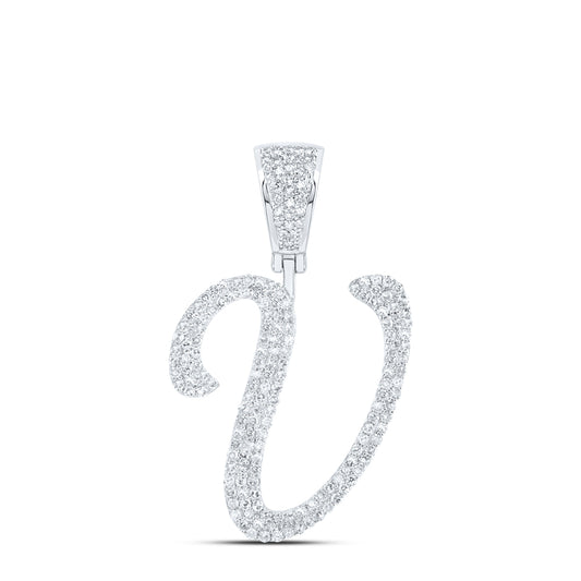 0.86 Ctw Natural Diamond Script Initial Letter Alphabet V Pendant in 10k White Gold
