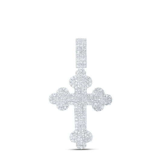 1.97 Ctw Natural Diamond Cluster Hiphop Cross Religious Pendant in 10k White Gold