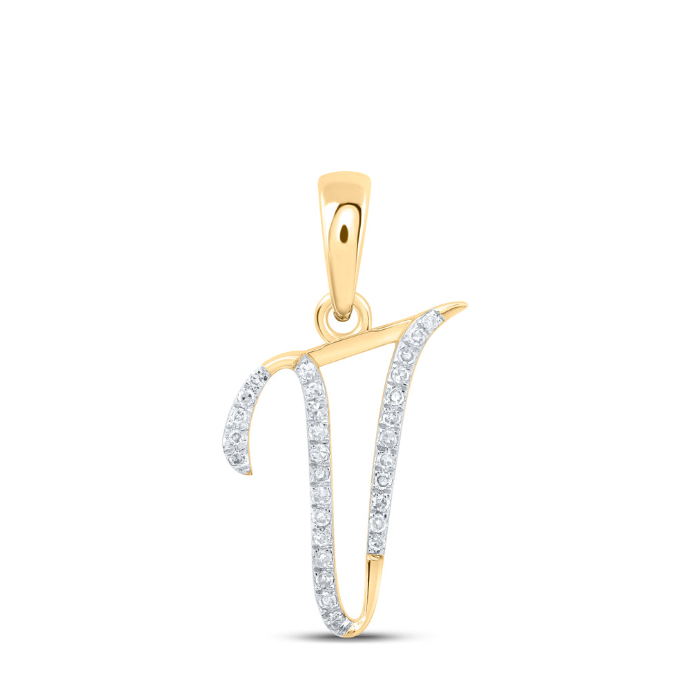 0.1 Ctw Natural Diamond Designer Initial Letter V Pendant in 10k Yellow Gold