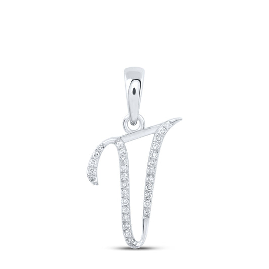 0.1 Ctw Natural Diamond Designer Initial Letter V Pendant in 10k White Gold