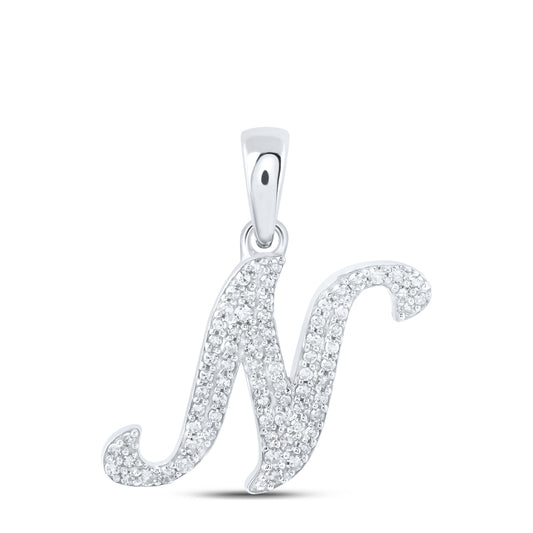 0.17 Ctw Natural Diamond Cursive Initial Letter N Pendant in 10k White Gold