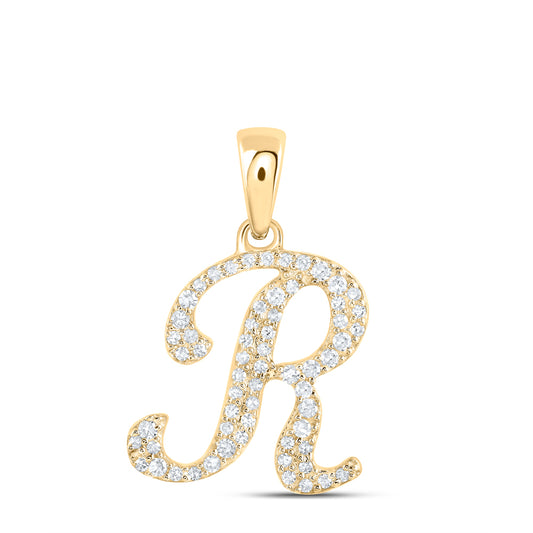 0.16 Ctw Natural Diamond Cursive Initial Letter R Pendant in 10k Yellow Gold