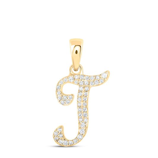 0.11 Ctw Natural Diamond Cursive Initial Letter T Pendant in 10k Yellow Gold