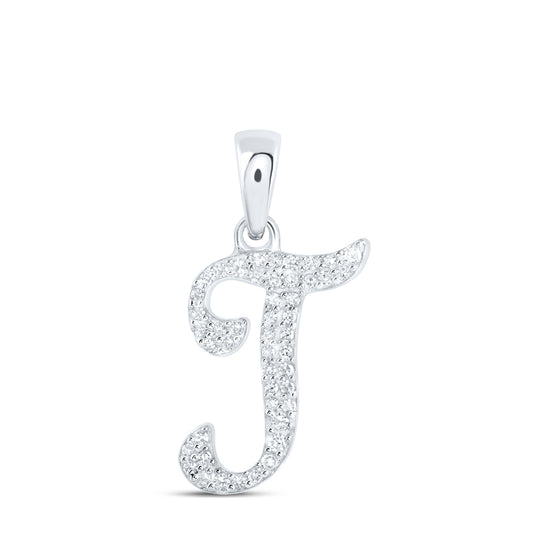 0.11 Ctw Natural Diamond Cursive Initial Letter T Pendant in 10k White Gold