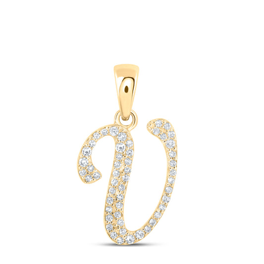 0.13 Ctw Natural Diamond Cursive Initial Letter V Pendant in 10k Yellow Gold