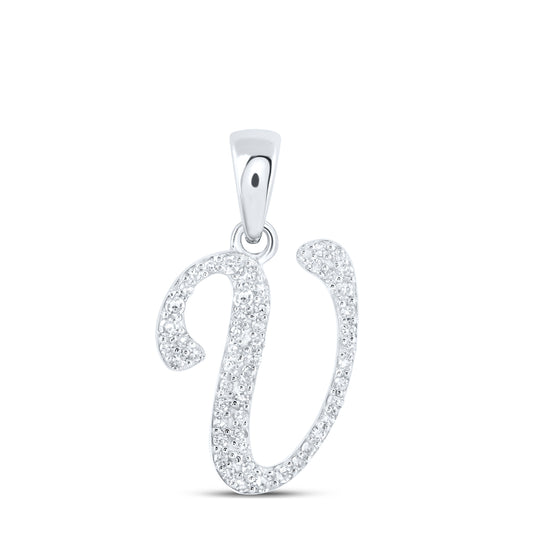 0.13 Ctw Natural Diamond Cursive Initial Letter V Pendant in 10k White Gold