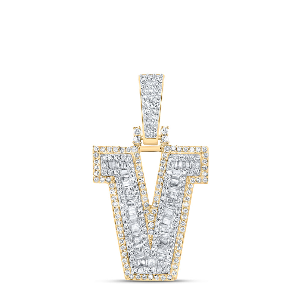 0.58 Ctw Natural Diamond Hiphop Initial Letter V Pendant in 10k Yellow Gold