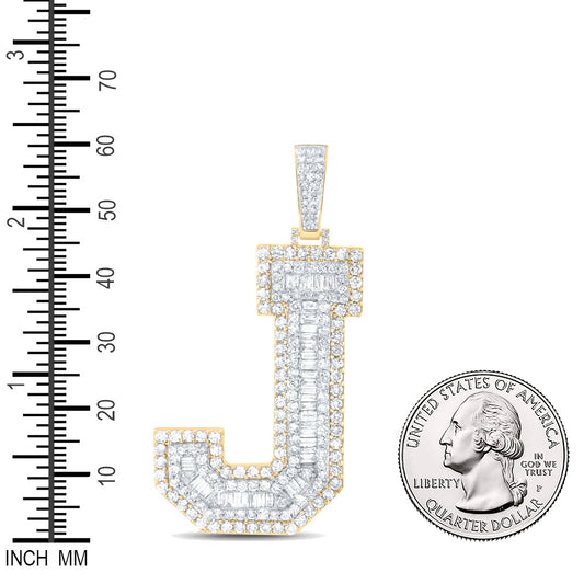4.19 Ctw Natural Diamond Block Initial Letter Alphabet J Pendant in 10k Yellow Gold
