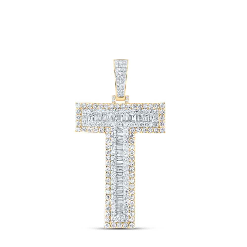 3.96 Ctw Natural Diamond Block Initial Letter Alphabet T Pendant in 10k Yellow Gold