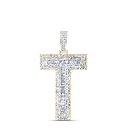 3.96 Ctw Natural Diamond Block Initial Letter Alphabet T Pendant in 10k Yellow Gold
