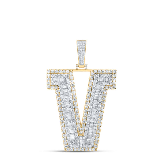 5.68 Ctw Natural Diamond Block Initial Letter Alphabet V Pendant in 10k Yellow Gold
