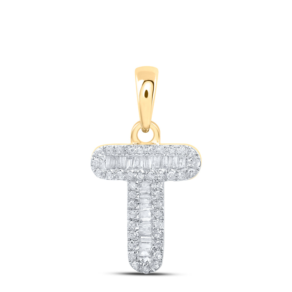 0.23 Ctw Natural Diamond Baguette Hiphop Initial Letter T Pendant in 10k Yellow Gold