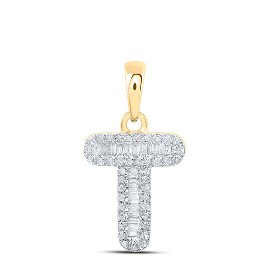 0.23 Ctw Natural Diamond Baguette Hiphop Initial Letter T Pendant in 10k Yellow Gold