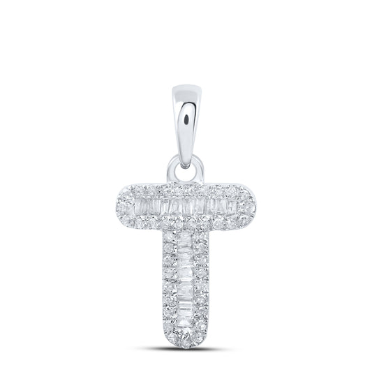 0.23 Ctw Natural Diamond Baguette Hiphop Initial Letter T Pendant in 10k White Gold
