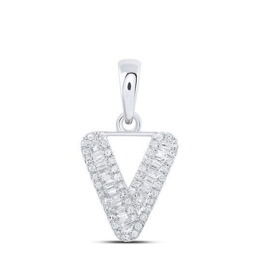 0.25 Ctw Natural Diamond Baguette Hiphop Initial Letter V Pendant in 10k White Gold