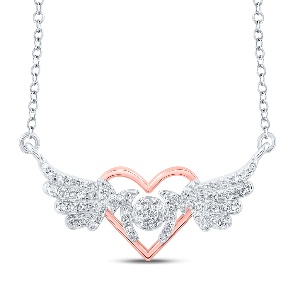 0.21 Ctw Natural Diamond Heart Mom Mothers Wings Pendant in Sterling Silver