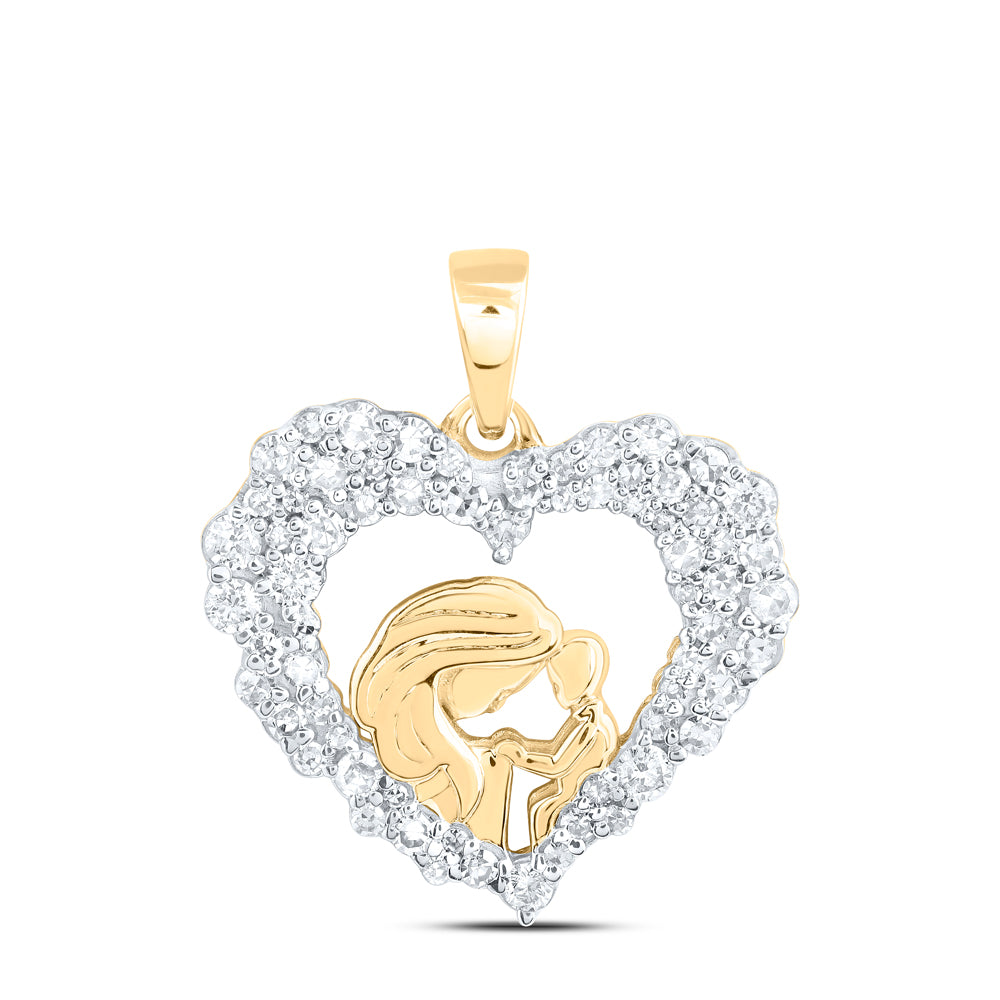 0.43 Ctw Natural Diamond Open Heart Mother Child Pendant in 10k Yellow Gold