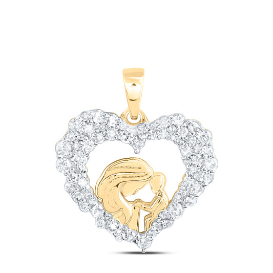 0.43 Ctw Natural Diamond Open Heart Mother Child Pendant in 10k Yellow Gold