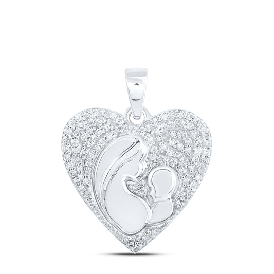 0.2 Ctw Natural Diamond Mother Child Heart Pendant in 10k White Gold