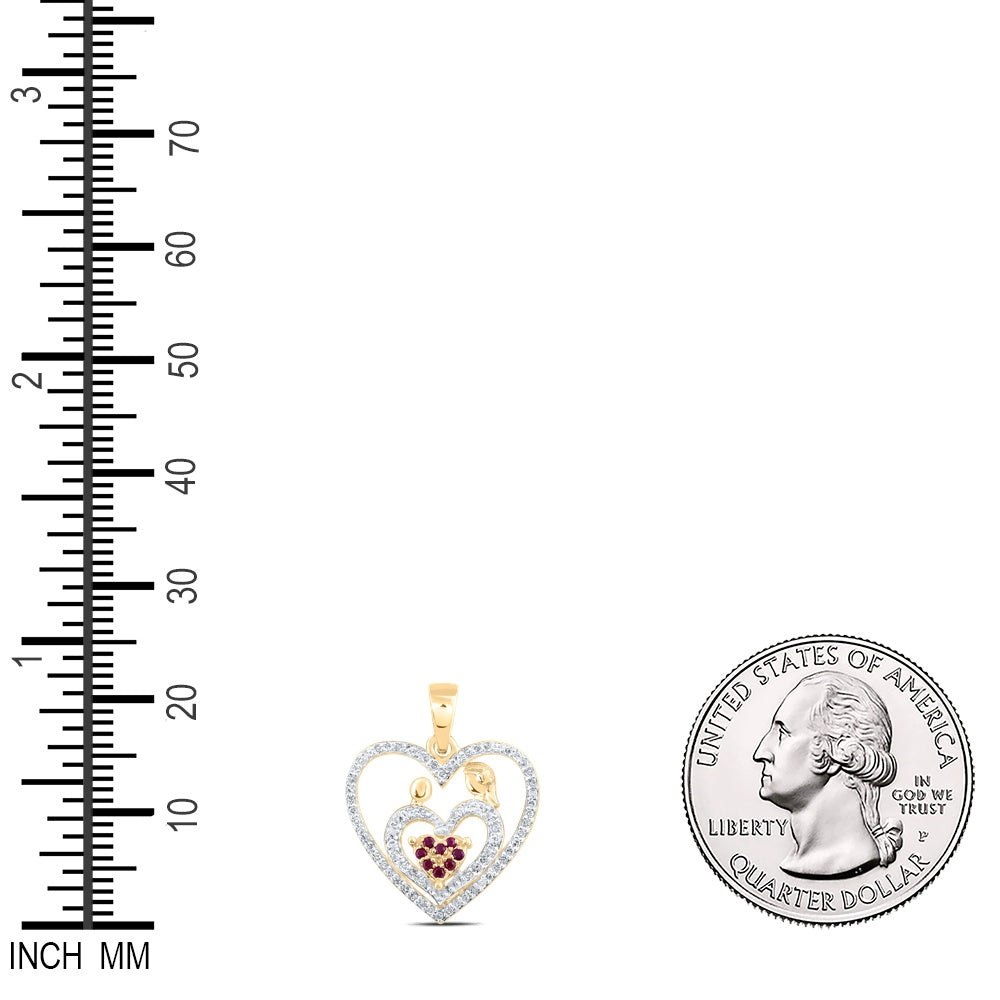 0.22 Ctw Natural Diamond Red Open Double Heart Mom Child Pendant in 10k Yellow Gold
