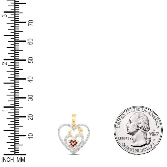 0.22 Ctw Natural Diamond Red Open Double Heart Mom Child Pendant in 10k Yellow Gold