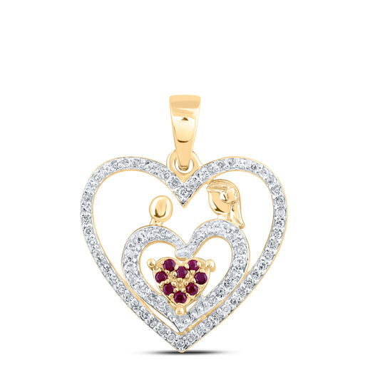 0.22 Ctw Natural Diamond Red Open Double Heart Mom Child Pendant in 10k Yellow Gold