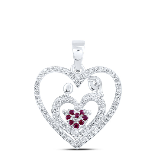 0.22 Ctw Natural Diamond Red Open Double Heart Mom Child Pendant in 10k White Gold