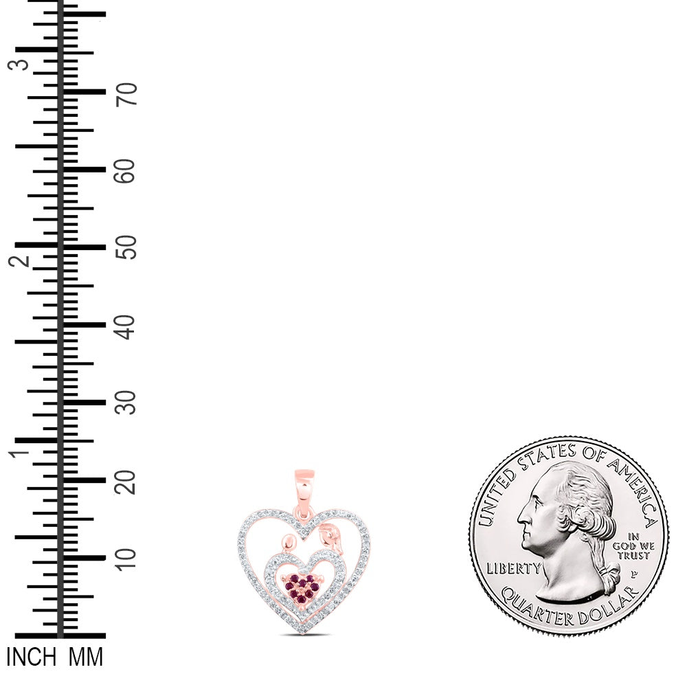 0.22 Ctw Natural Diamond Red Open Double Heart Mom Child Pendant in 10k Rose Gold