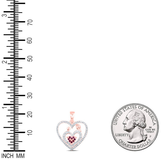 0.22 Ctw Natural Diamond Red Open Double Heart Mom Child Pendant in 10k Rose Gold