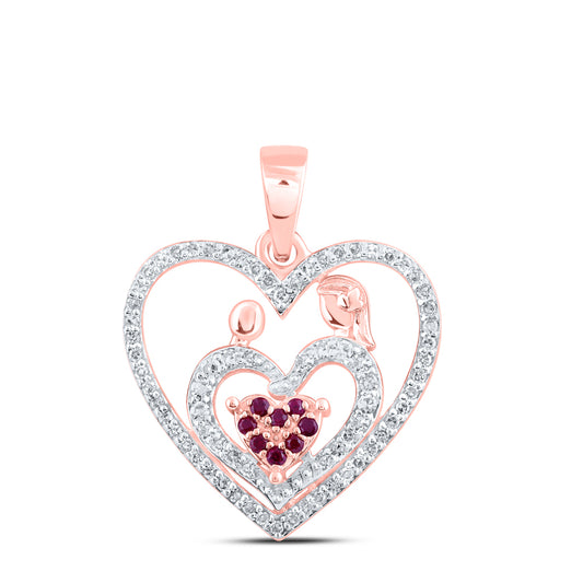 0.22 Ctw Natural Diamond Red Open Double Heart Mom Child Pendant in 10k Rose Gold