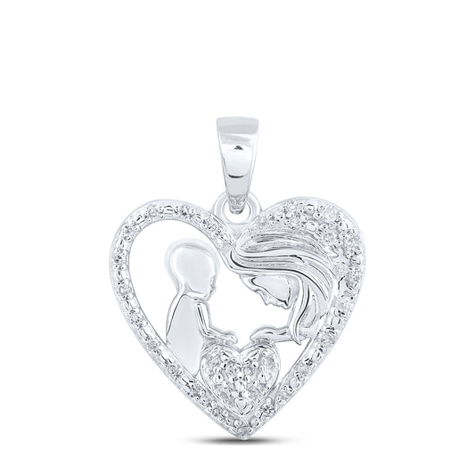 0.07 Ctw Natural Diamond Mom Child Heart Mothers Day Pendant in Sterling Silver
