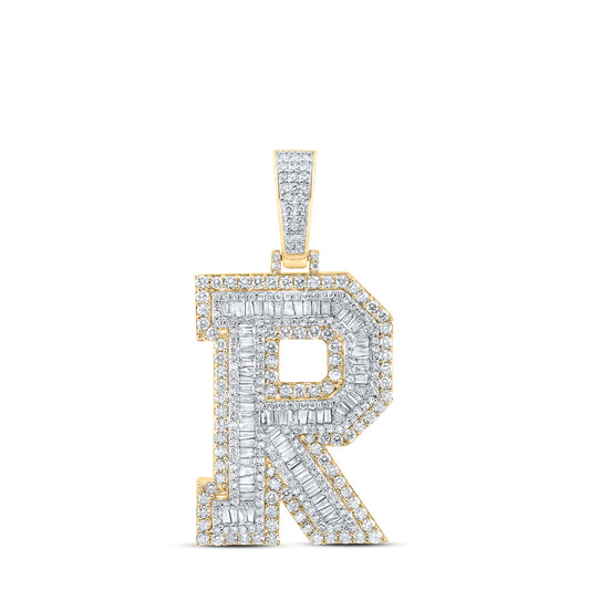 3.19 Ctw Natural Diamond Block Initial Letter Alphabet R Pendant in 10k Yellow Gold
