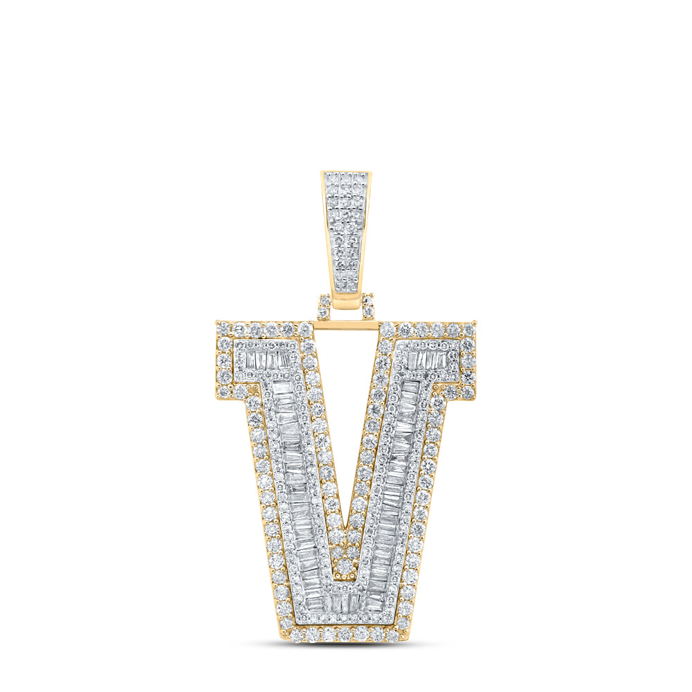 2.82 Ctw Natural Diamond Block Initial Letter Alphabet V Pendant in 10k Yellow Gold