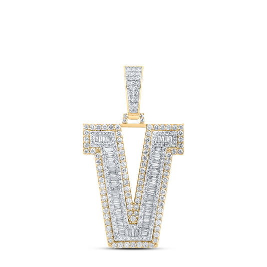 2.82 Ctw Natural Diamond Block Initial Letter Alphabet V Pendant in 10k Yellow Gold
