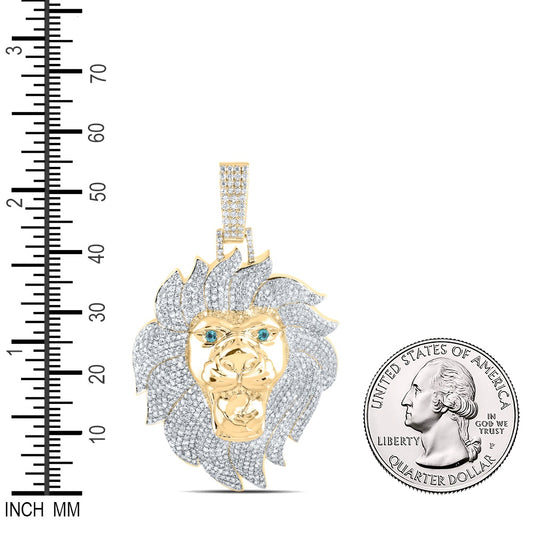 5.15 Ctw Natural Diamond Green Eyes Lion Head Face Pendant in 10k Yellow Gold