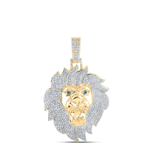 5.15 Ctw Natural Diamond Green Eyes Lion Head Face Pendant in 10k Yellow Gold