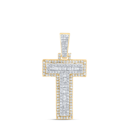 0.64 Ctw Natural Diamond Block Letter Initial T Pendant in 10k Yellow Gold