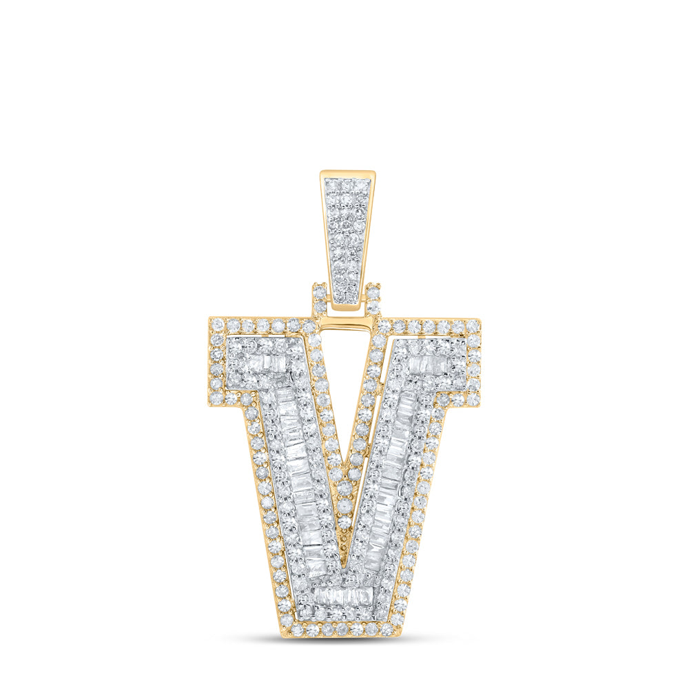 0.88 Ctw Natural Diamond Hiphop Initial Letter V Pendant in 10k Yellow Gold