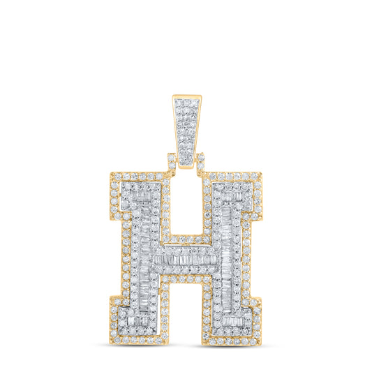 1.21 Ctw Natural Diamond Block Initial Letter Alphabet H Pendant in 10k Yellow Gold