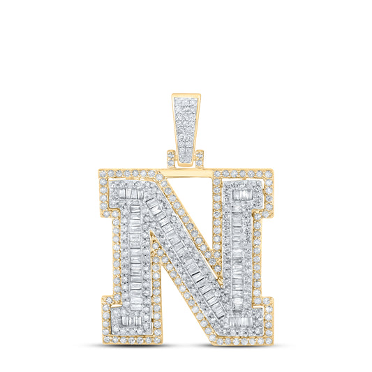 1.43 Ctw Natural Diamond Block Initial Letter Alphabet N Pendant in 10k Yellow Gold