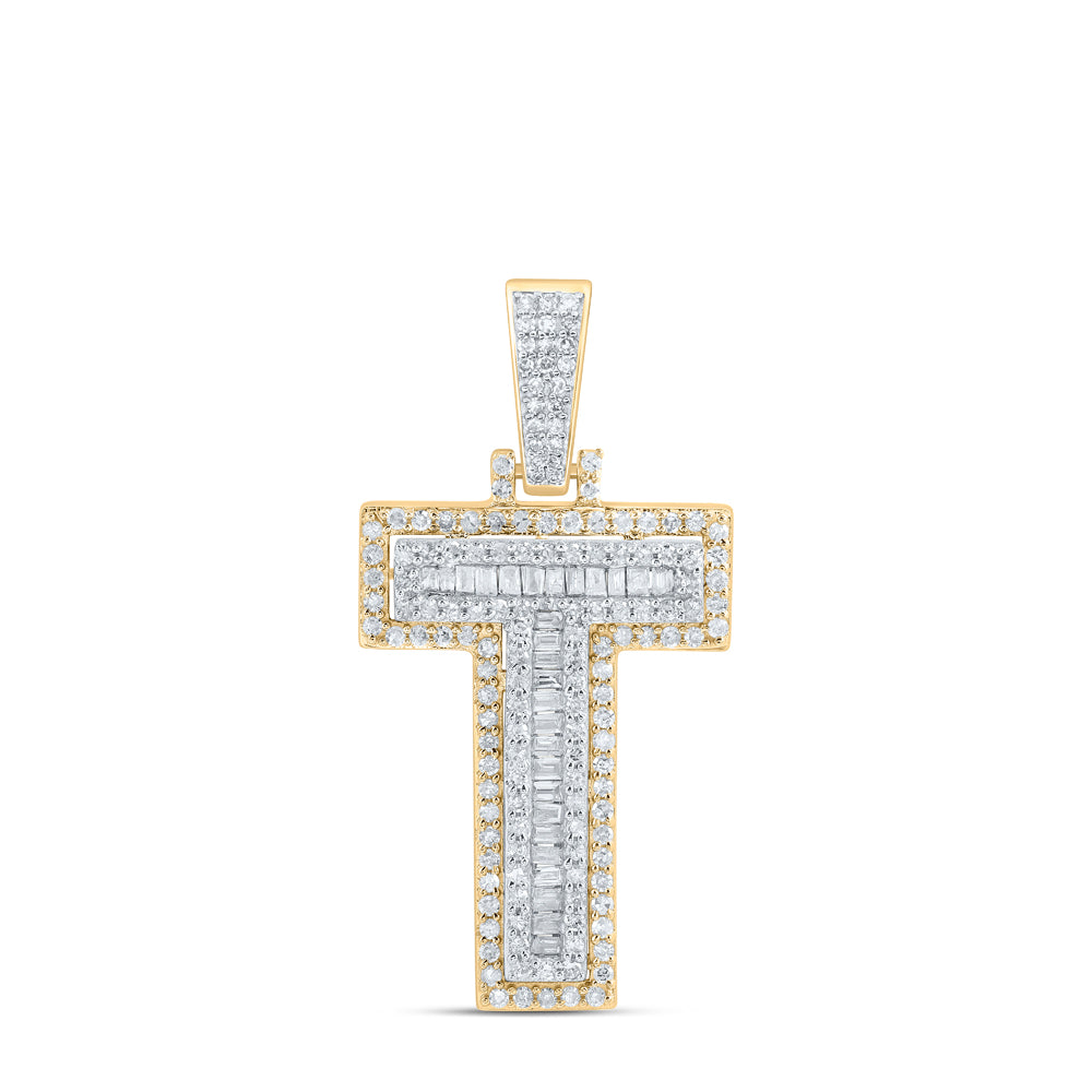 0.76 Ctw Natural Diamond Block Initial Letter Alphabet T Pendant in 10k Yellow Gold