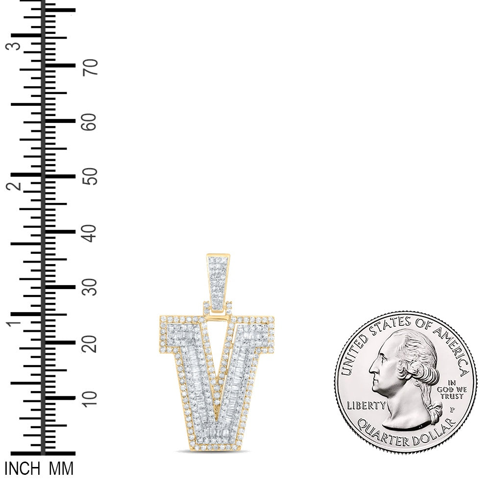 1.06 Ctw Natural Diamond Block Initial Letter Alphabet V Pendant in 10k Yellow Gold