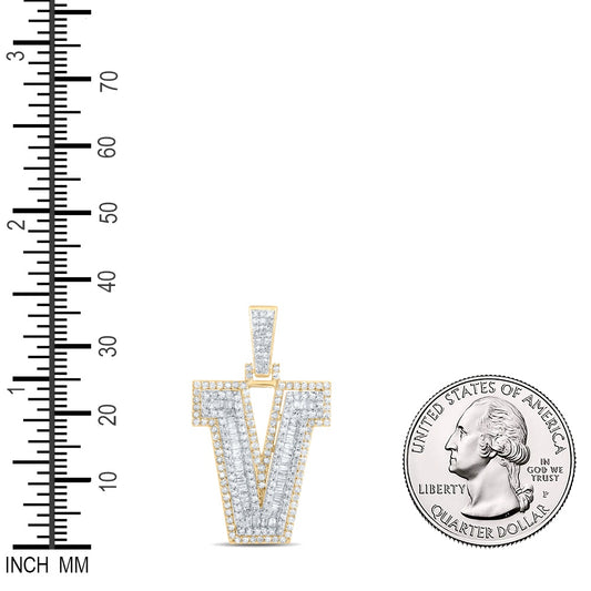 1.06 Ctw Natural Diamond Block Initial Letter Alphabet V Pendant in 10k Yellow Gold