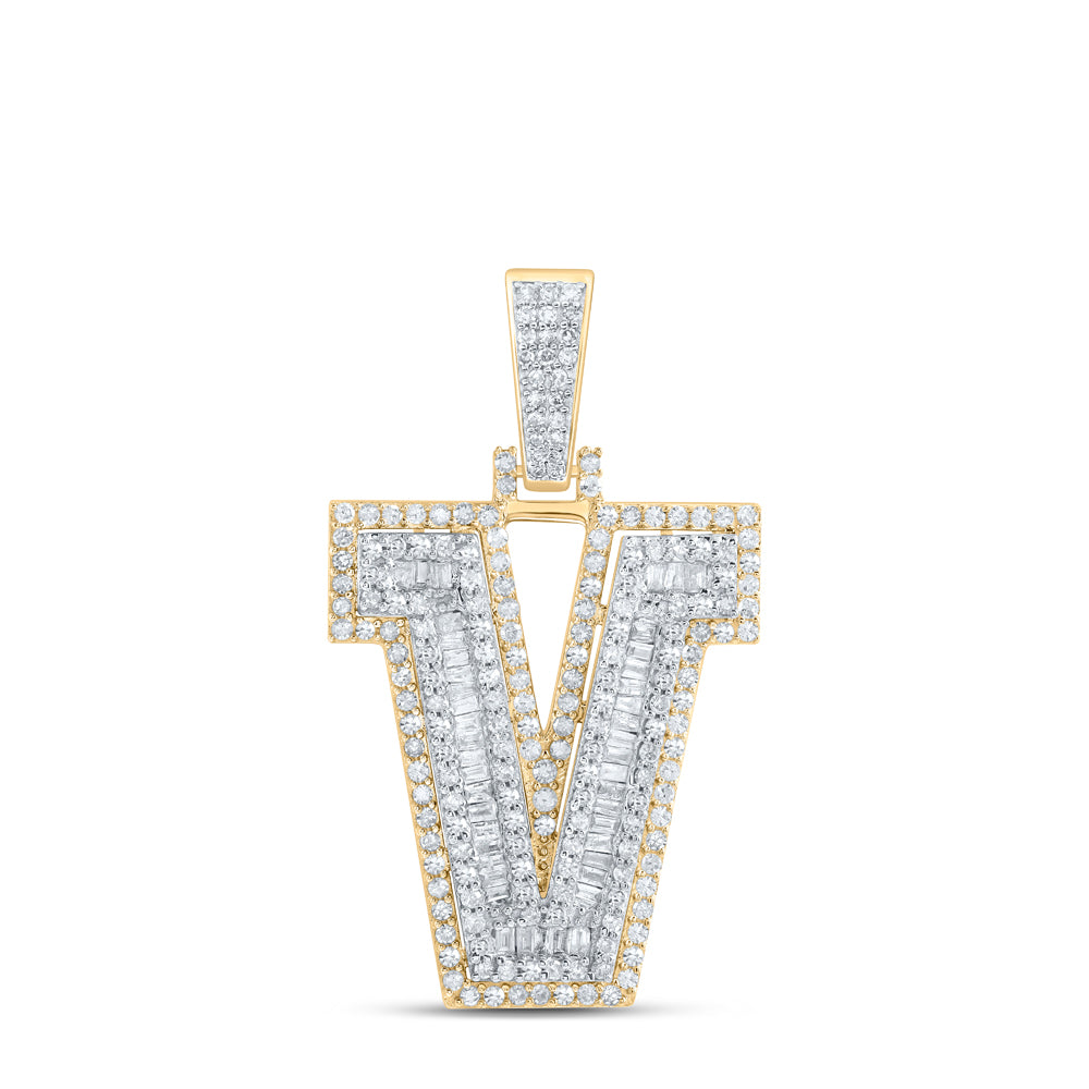 1.06 Ctw Natural Diamond Block Initial Letter Alphabet V Pendant in 10k Yellow Gold